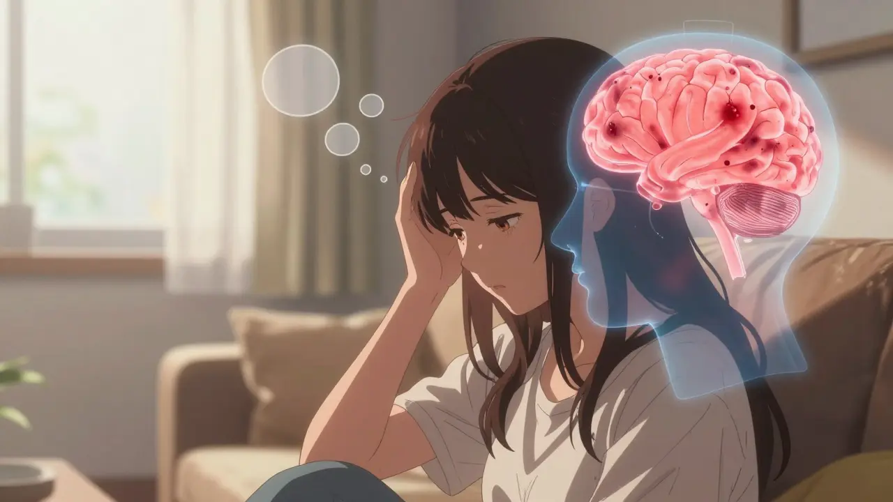 Woman in sunlit room struggling with word loss, translucent brain lesions visible beside her.