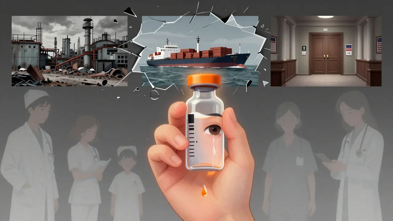 A child holding a half-empty insulin vial, ghostly figures of doctors and factories fading behind, tear turning into evaporating medicine.