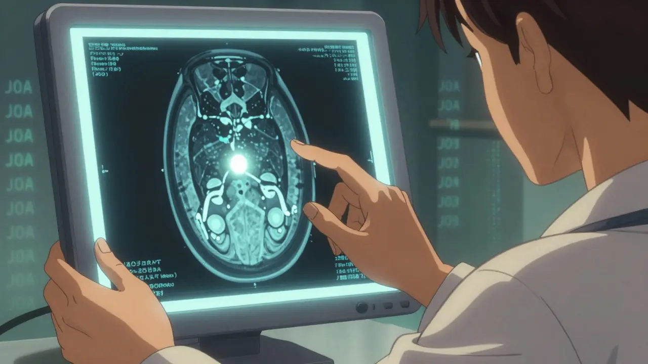 A doctor examining an MRI scan showing a bright spot on the cervical spinal cord, patient’s hand hovering nervously nearby.