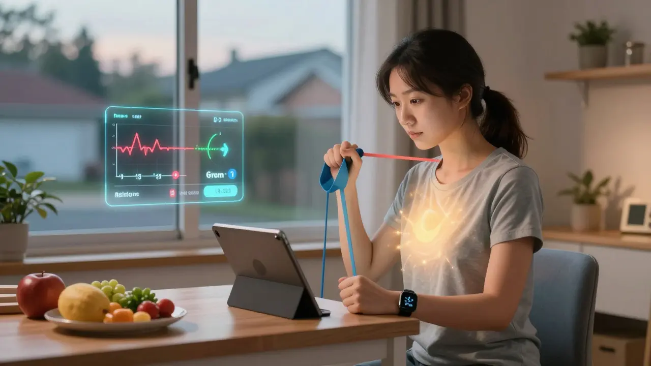 A person doing home-based cardiac rehab using a tablet and resistance bands with real-time health metrics displayed.