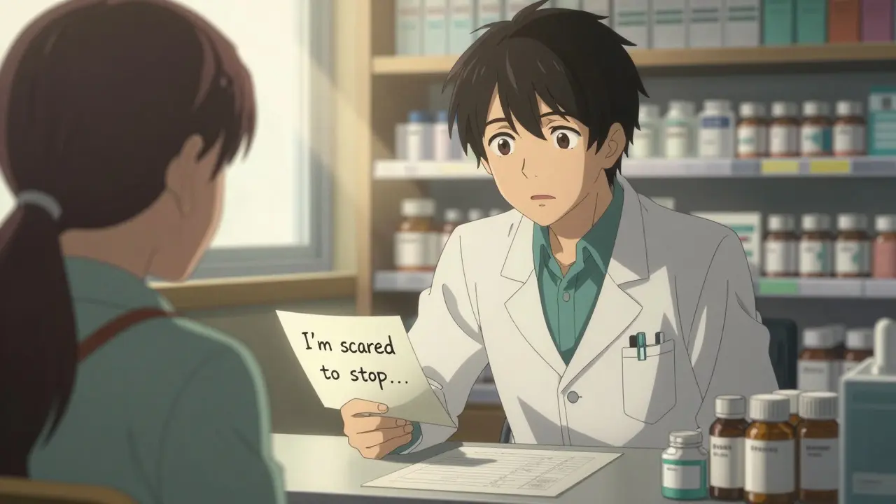 A pharmacist listening empathetically to a patient at a pharmacy counter, medical items in the background.