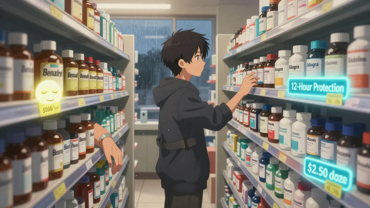 A pharmacy shelf at night contrasts cheap, dusty Benadryl with sleek, modern non-drowsy antihistamines, highlighting cost and choice.