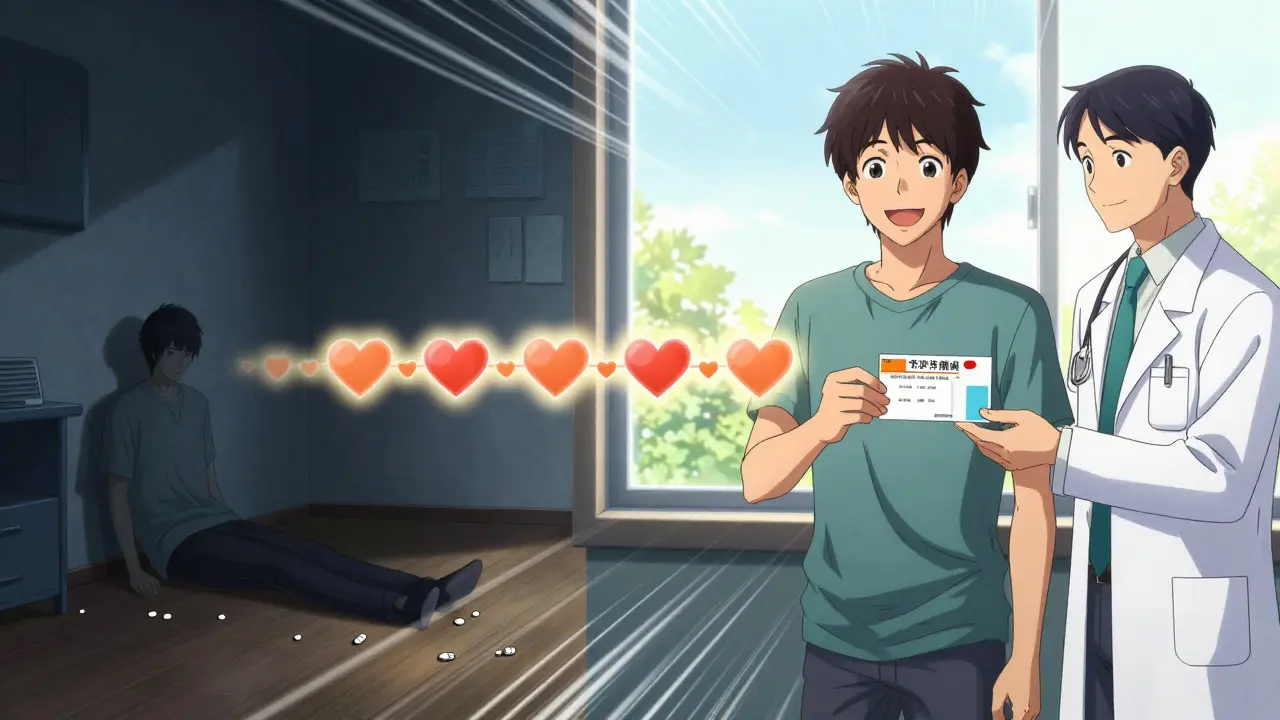 A split scene showing a person's journey from isolation and despair to hope and support with a pharmacist.