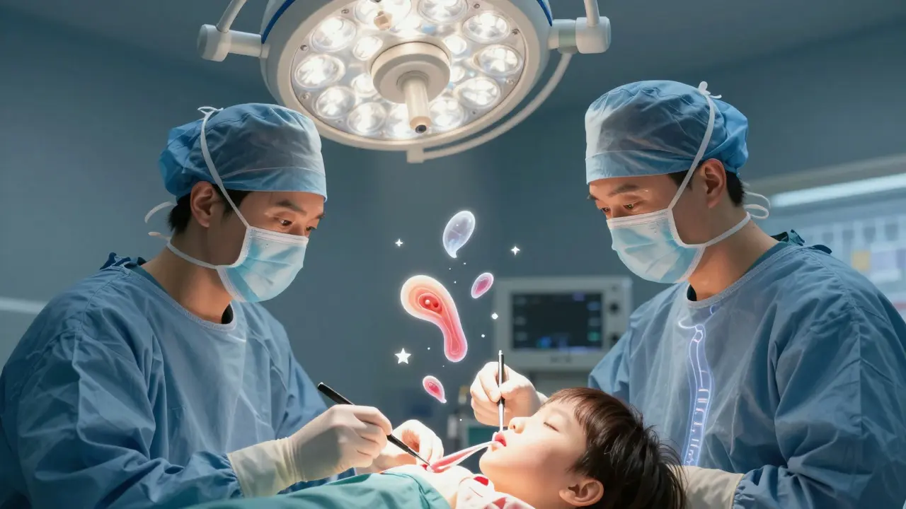 A surgeon removes enlarged tonsils and adenoids, with transparent airway visuals showing restored breathing passage.