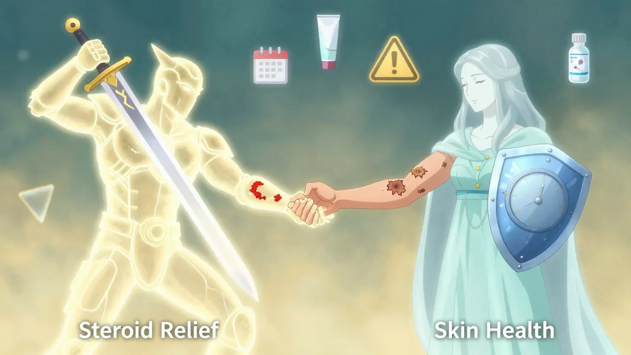 A symbolic anime-style battle between steroid relief and skin health, with a fragile arm healing between them.