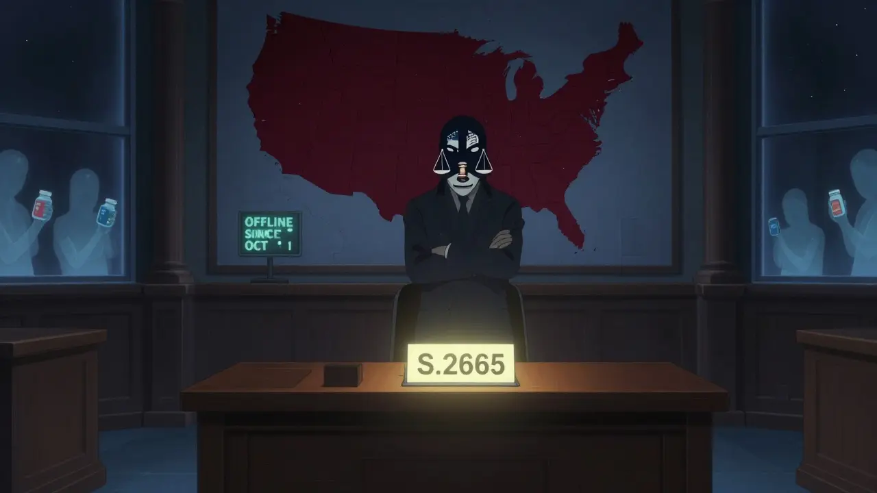 An empty Senate chamber with bill S.2665 lit by a single spotlight, shadowy figure behind it, U.S. map showing hospital shortages in red.