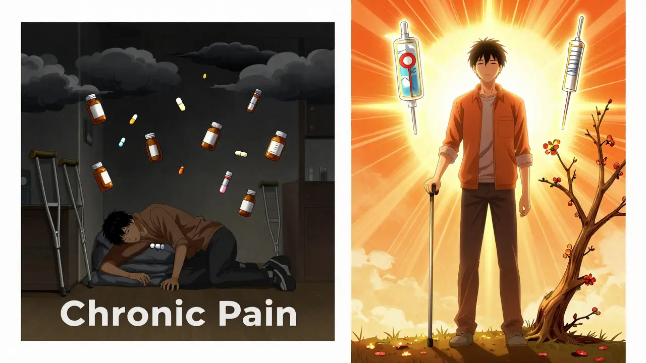 Before-and-after metaphor: chronic pain vs. hope after nerve block and RFA treatment.