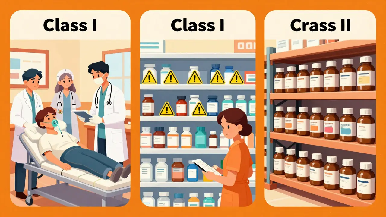 Class I hospital emergency, Class II pharmacy check, Class III labeling error in warehouse