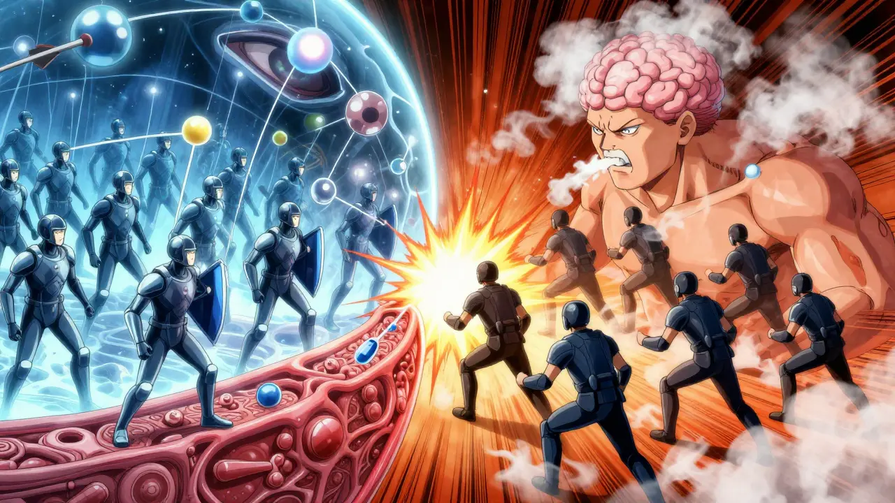 Molecular soldiers of first- and second-generation antihistamines battle inside a body, showing brain barrier penetration and symptom blocking.