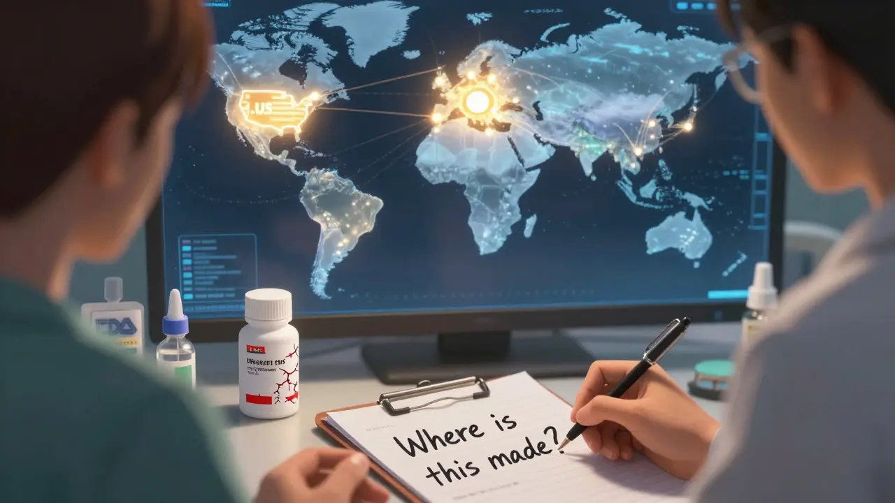 Patient receiving insulin as U.S.-made pill glows safely while overseas version cracks with warning signs.