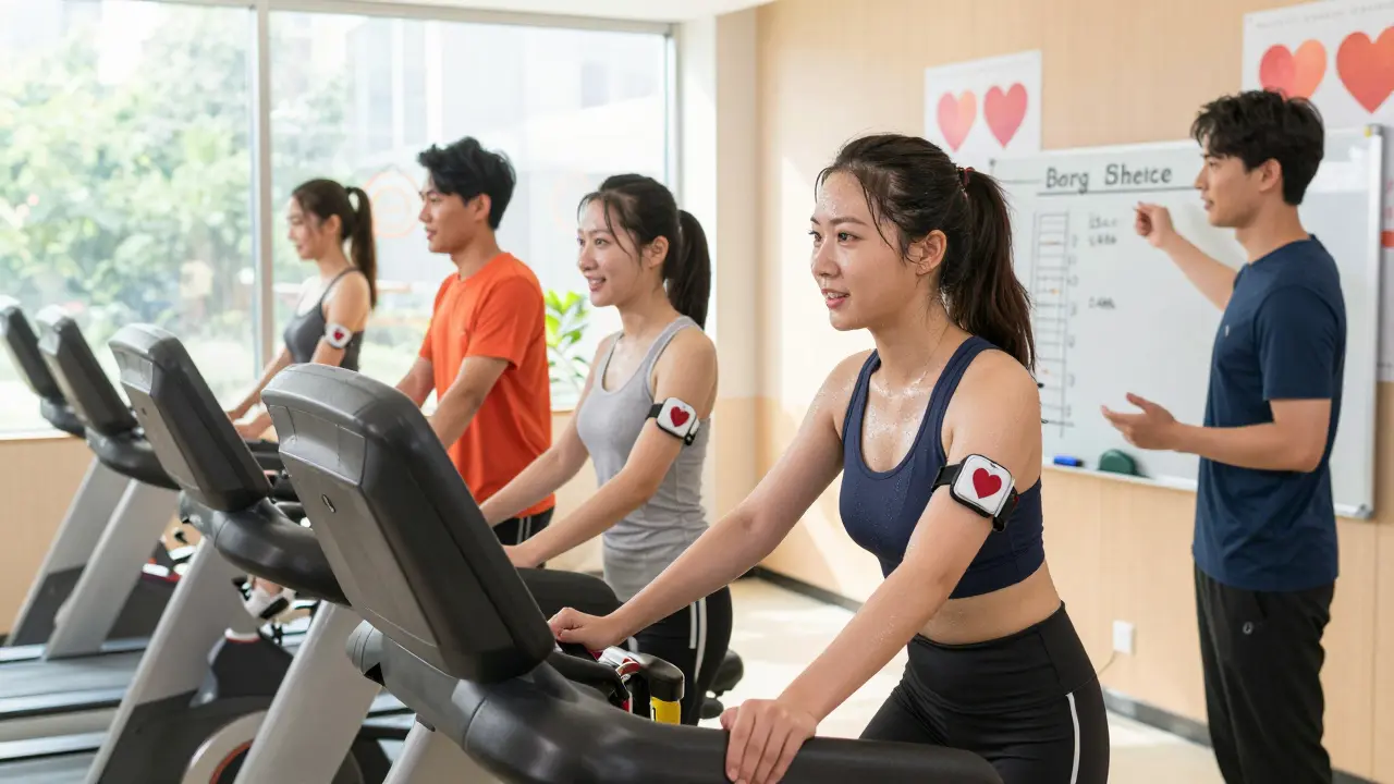 Patients exercising under supervision in a cardiac rehab center with heart rate monitors and trainer guidance.