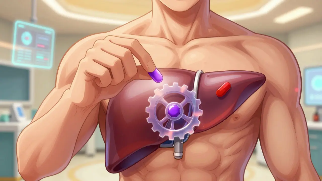 Person taking new antifungal and statin safely, liver gear unblocked, healthy muscles. Futuristic medical setting.