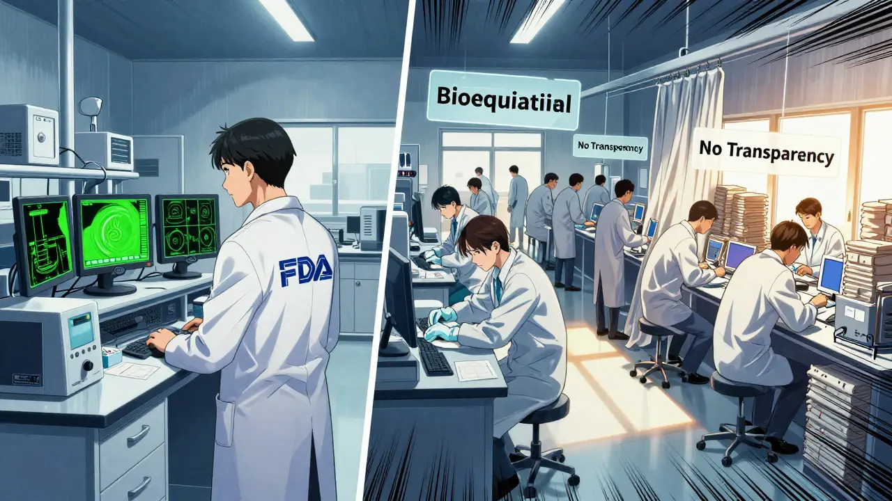 Split scene: U.S. FDA inspector in clean lab vs. overseas factory workers hiding defects during scheduled inspection.