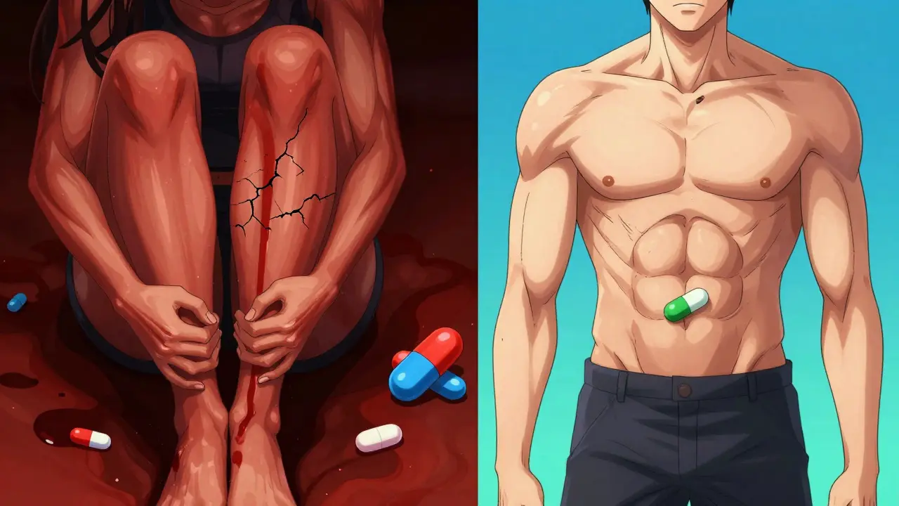 Split-screen: left person in pain with cracked muscles from statin-antifungal, right person healthy with safe statin. Anime style.