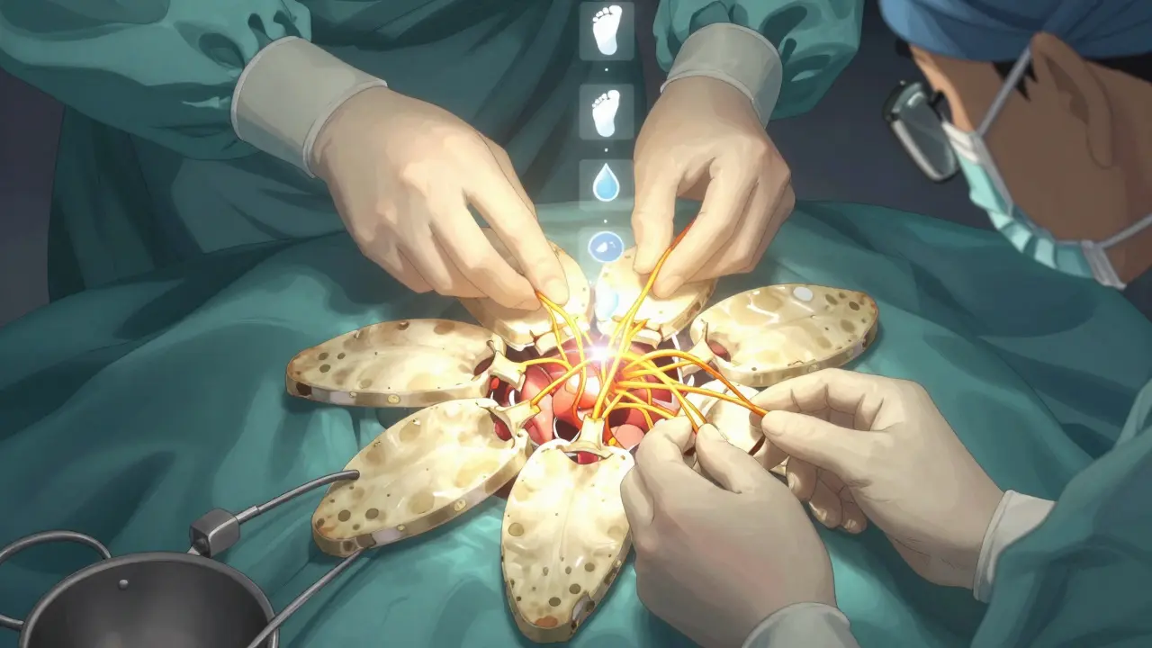 Surgical view of a cervical laminoplasty with bone plates opening like petals as neural fibers reconnect and glow with recovery.