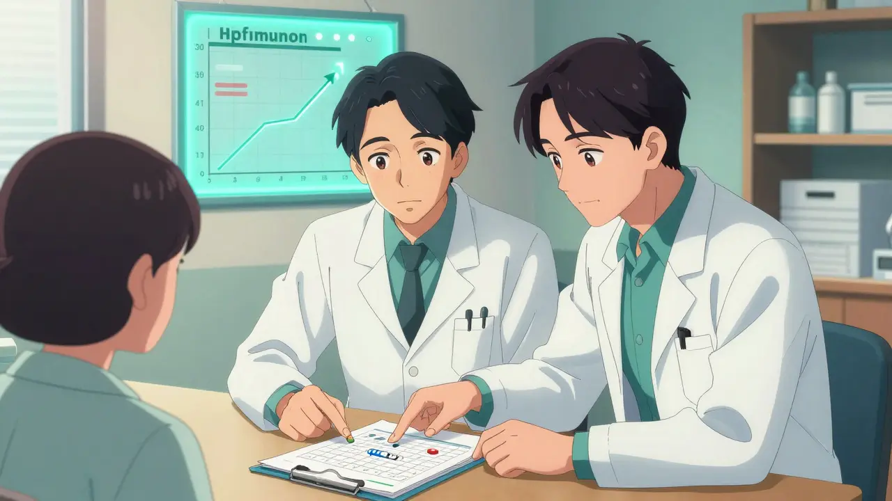 A pharmacist and psychiatrist review a simplified medication plan with rising adherence stats on a glowing chart.