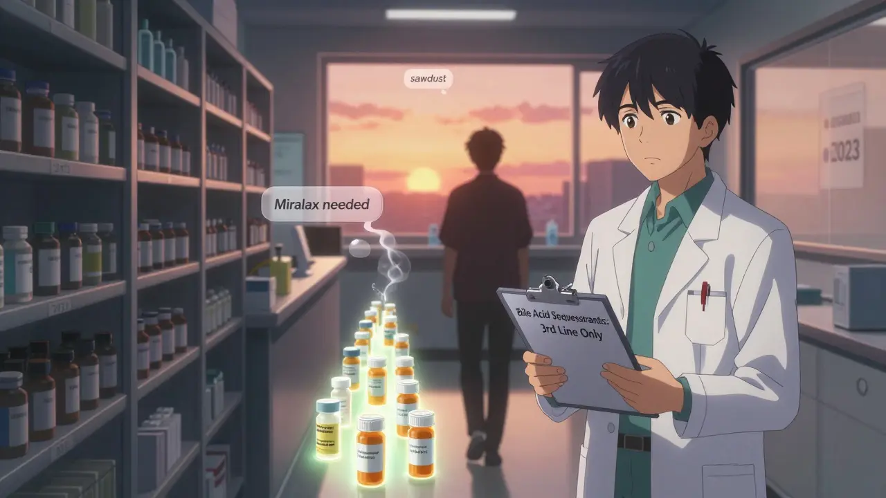A pharmacist watching fading prescription bottles of bile acid sequestrants, symbolizing their declining use in diabetes care.