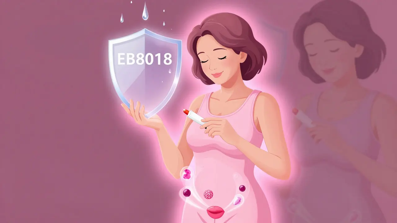 A woman applying estrogen cream as protective microbes and a shield glow around her bladder.