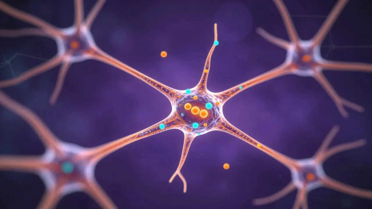 Abstract glowing neurons with orange and blue energy streams