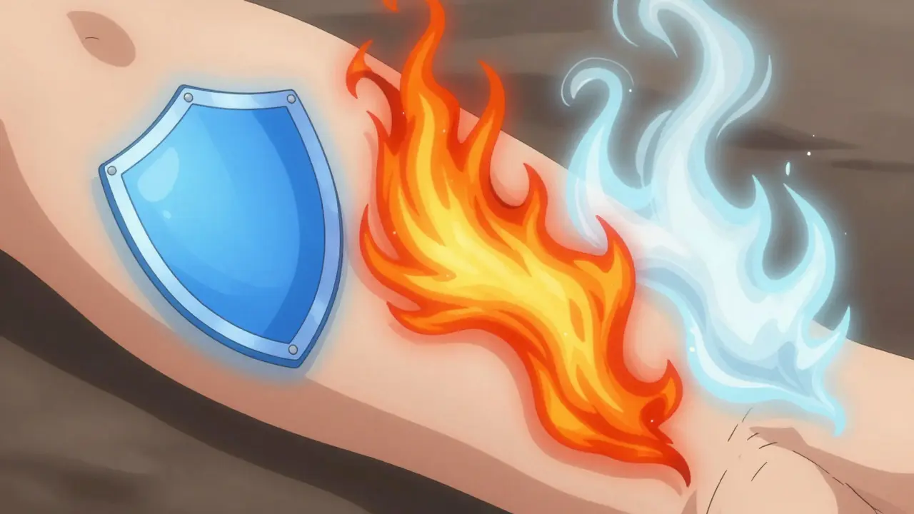 Artistic view of three pain relief sensations hovering over skin surface.