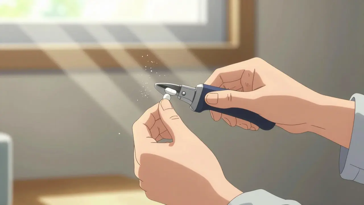 Hands using pill splitter tool to cut tablet cleanly in bright room.