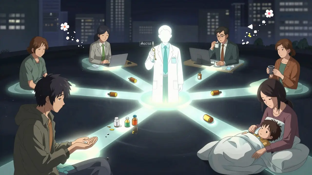 People from different walks of life are connected by glowing paths to a pharmacist holding a key labeled 'Access.'