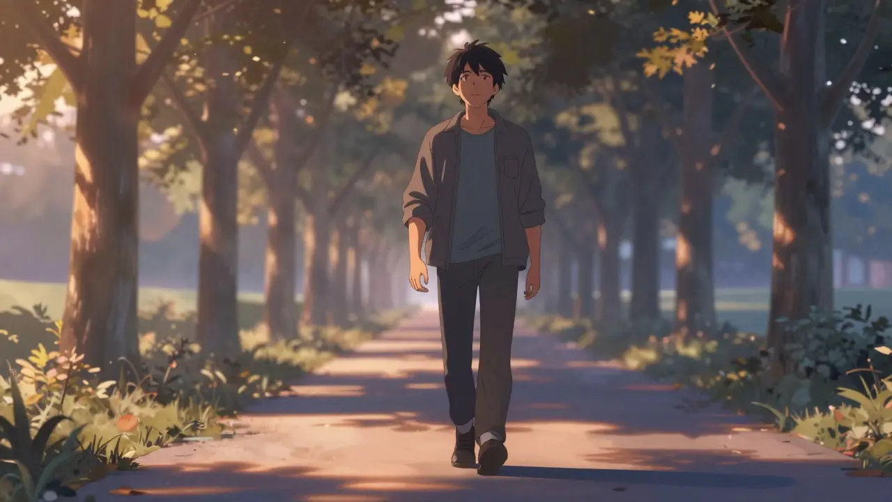 Person walking happily on sunny path with warm morning light