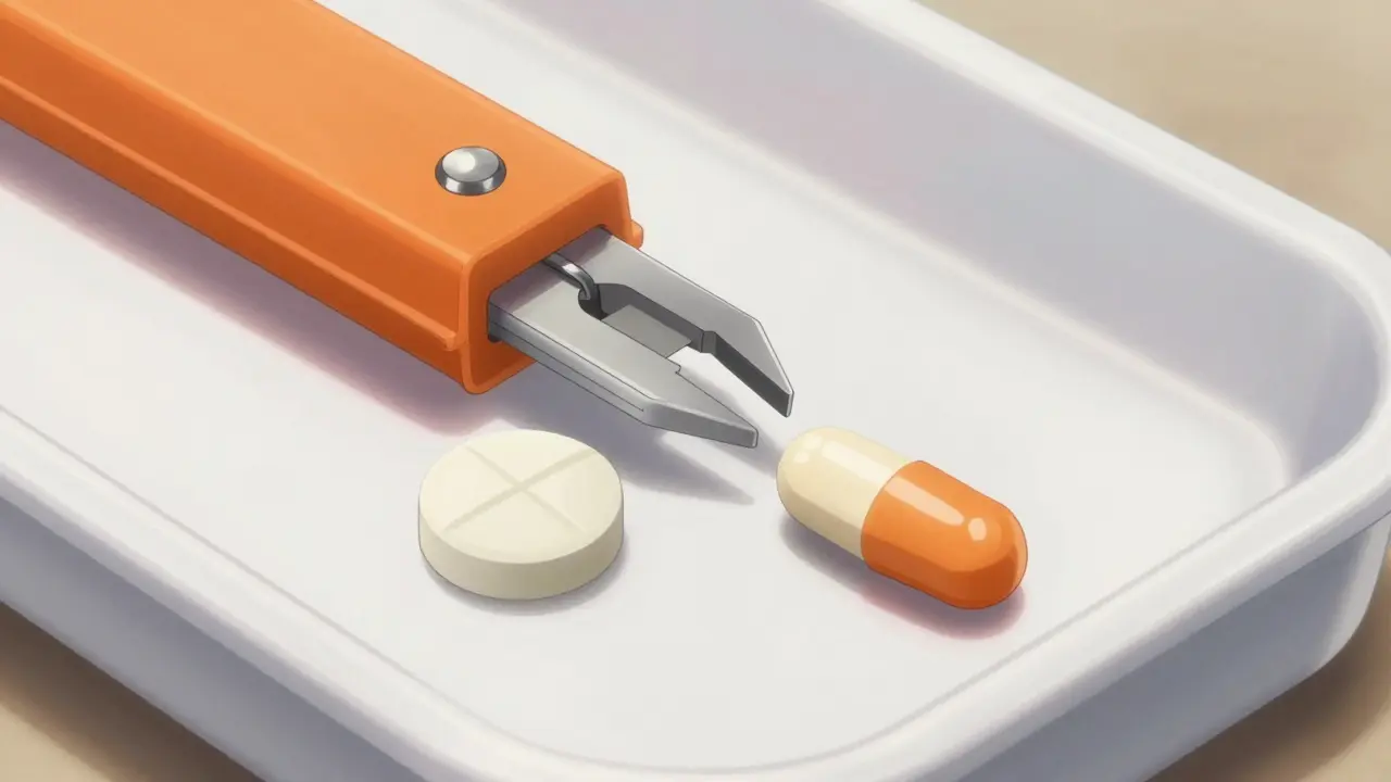 Pill splitter tool and scored tablet on a clean medical tray.