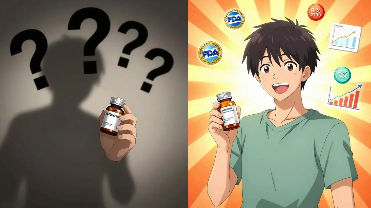 Split scene: patient nervous with brand pill vs. smiling with generic pill, surrounded by glowing data proving equivalence.