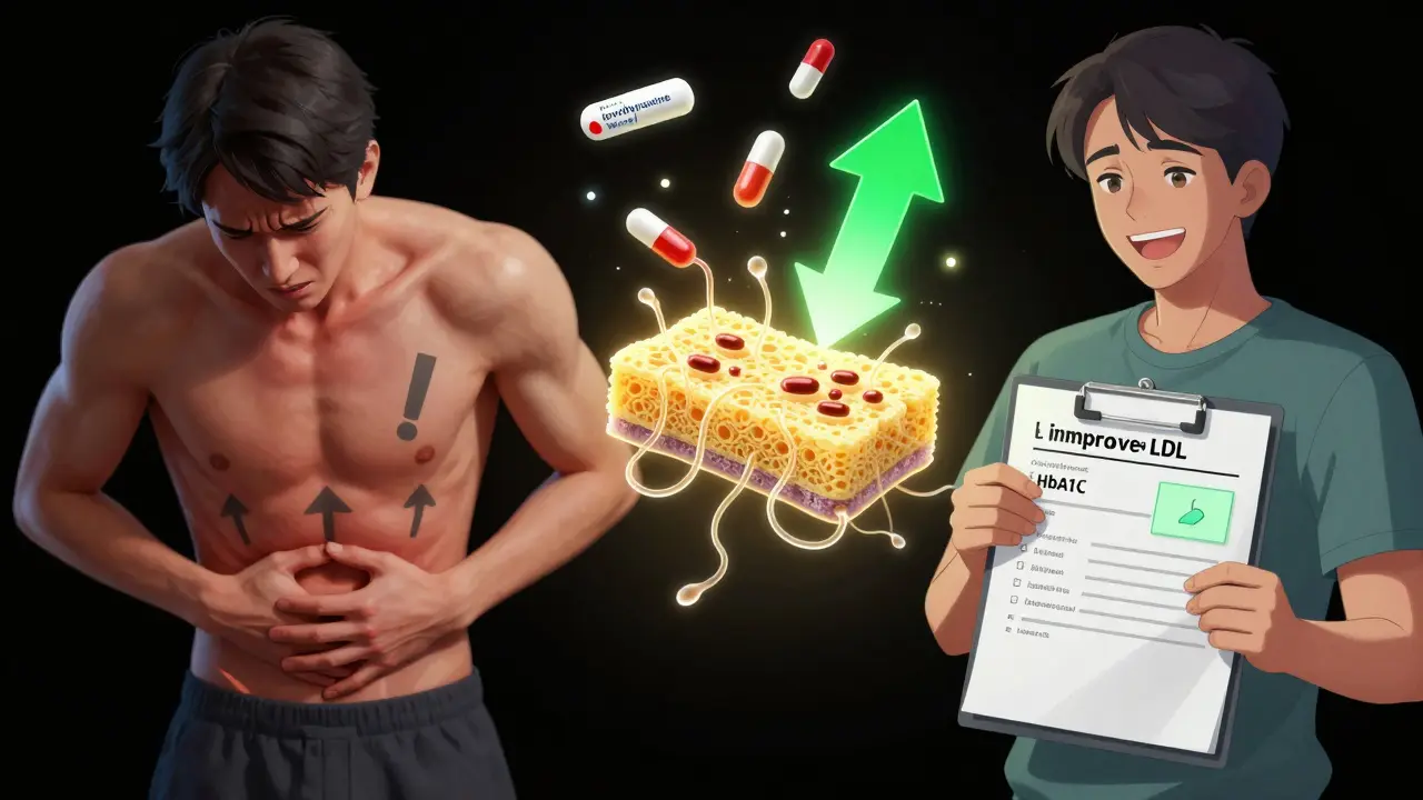 Split scene showing constipation pain on one side and improved lab results on the other, with bile sponge trapping drug molecules.