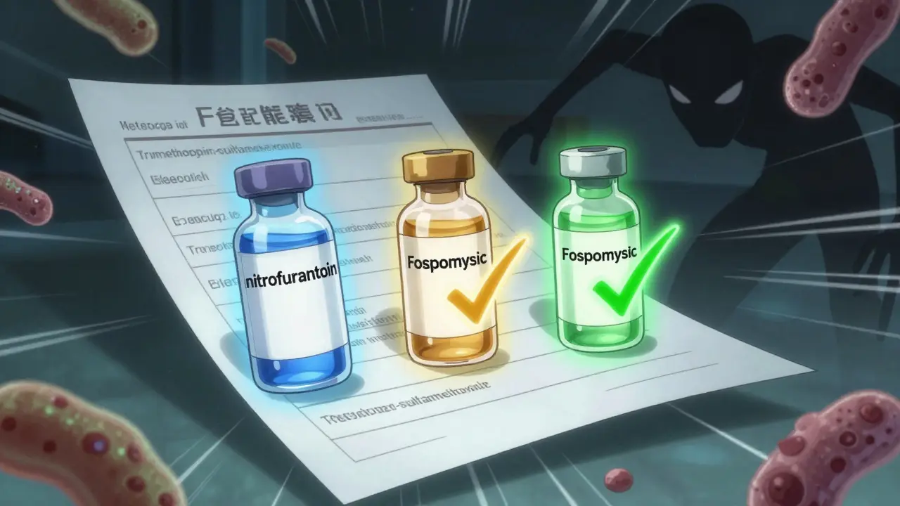 Three glowing antibiotics floating beside a medical chart, with menacing bacteria in the background.