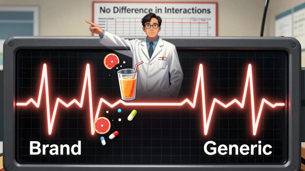 Two identical heart waveforms for brand and generic drugs, with interacting substances bouncing off harmlessly.