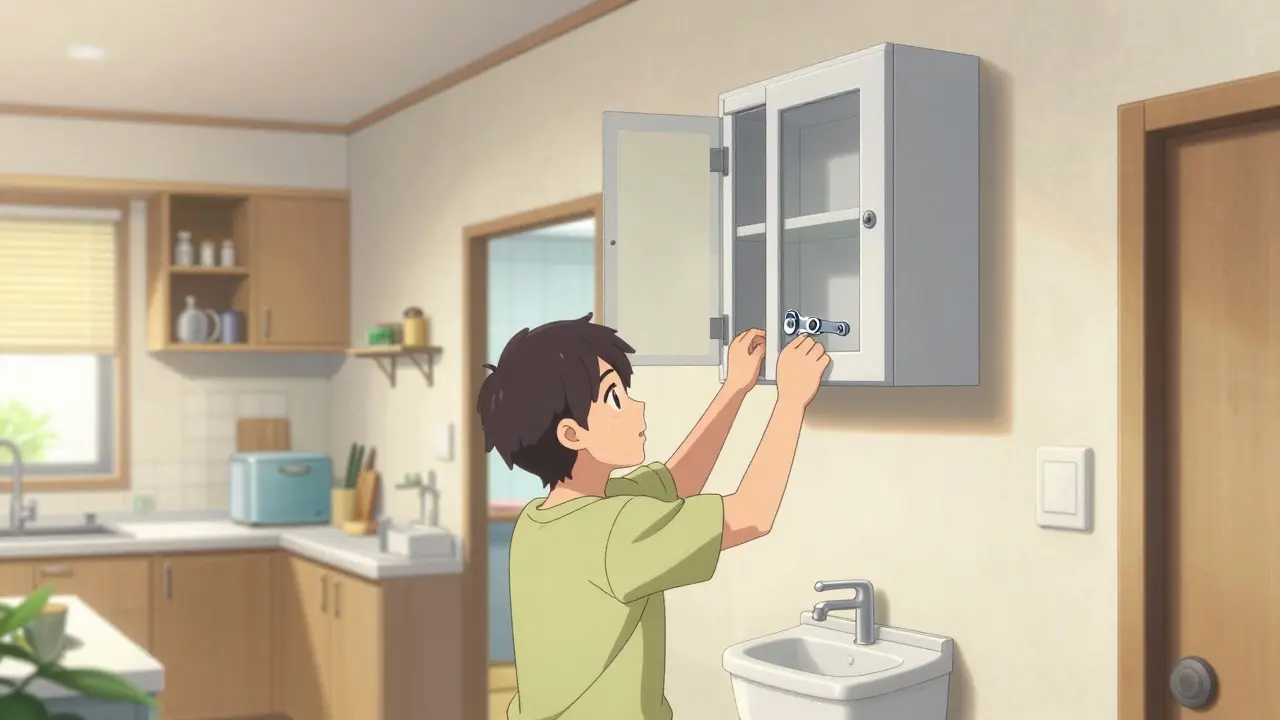 A parent installing a locked medication cabinet high on a wall in a bright anime-style home.