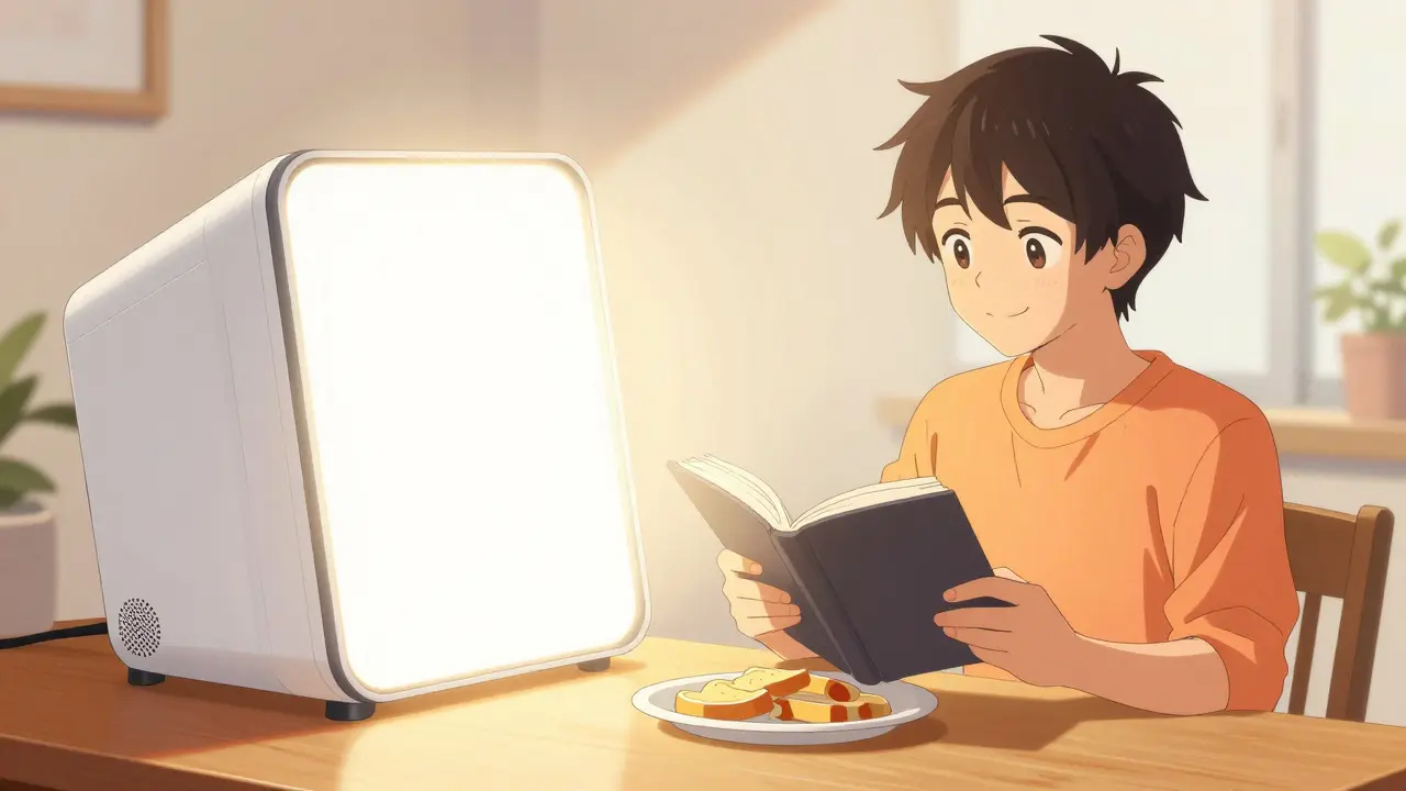 A person using a bright light therapy box during breakfast to improve their mood.