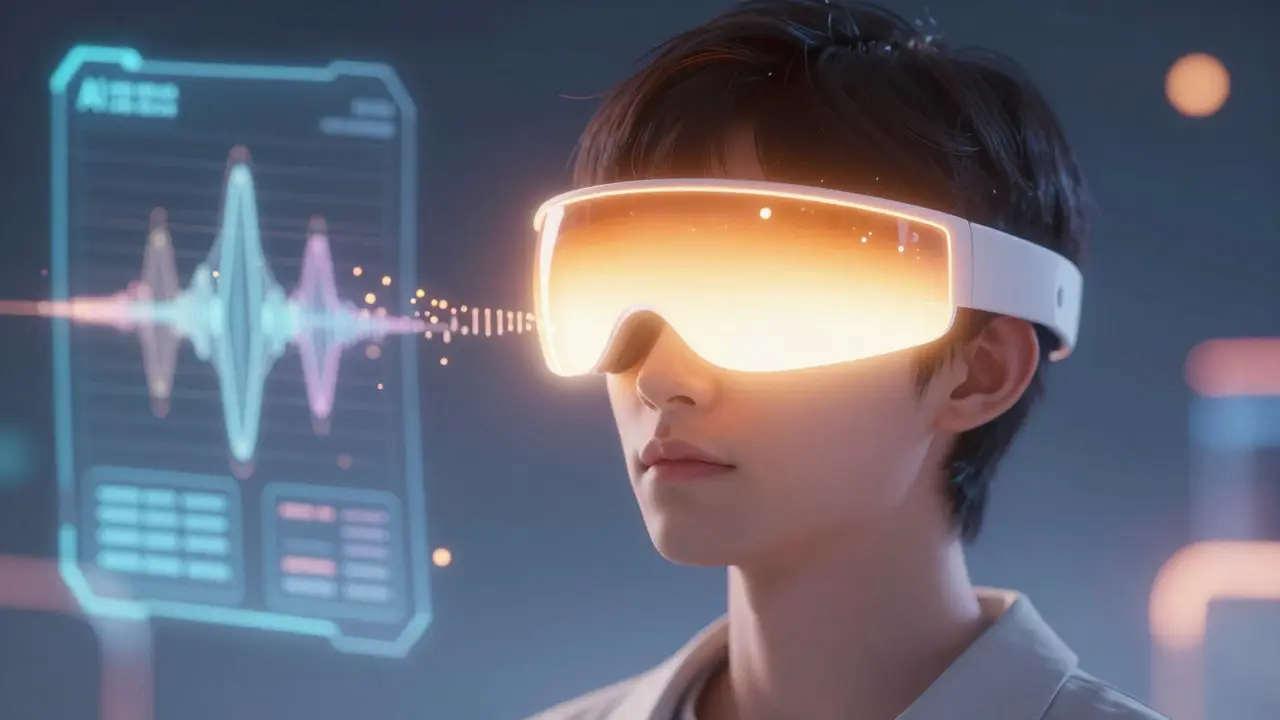 A person wearing a futuristic AI-driven light visor for circadian rhythm therapy.