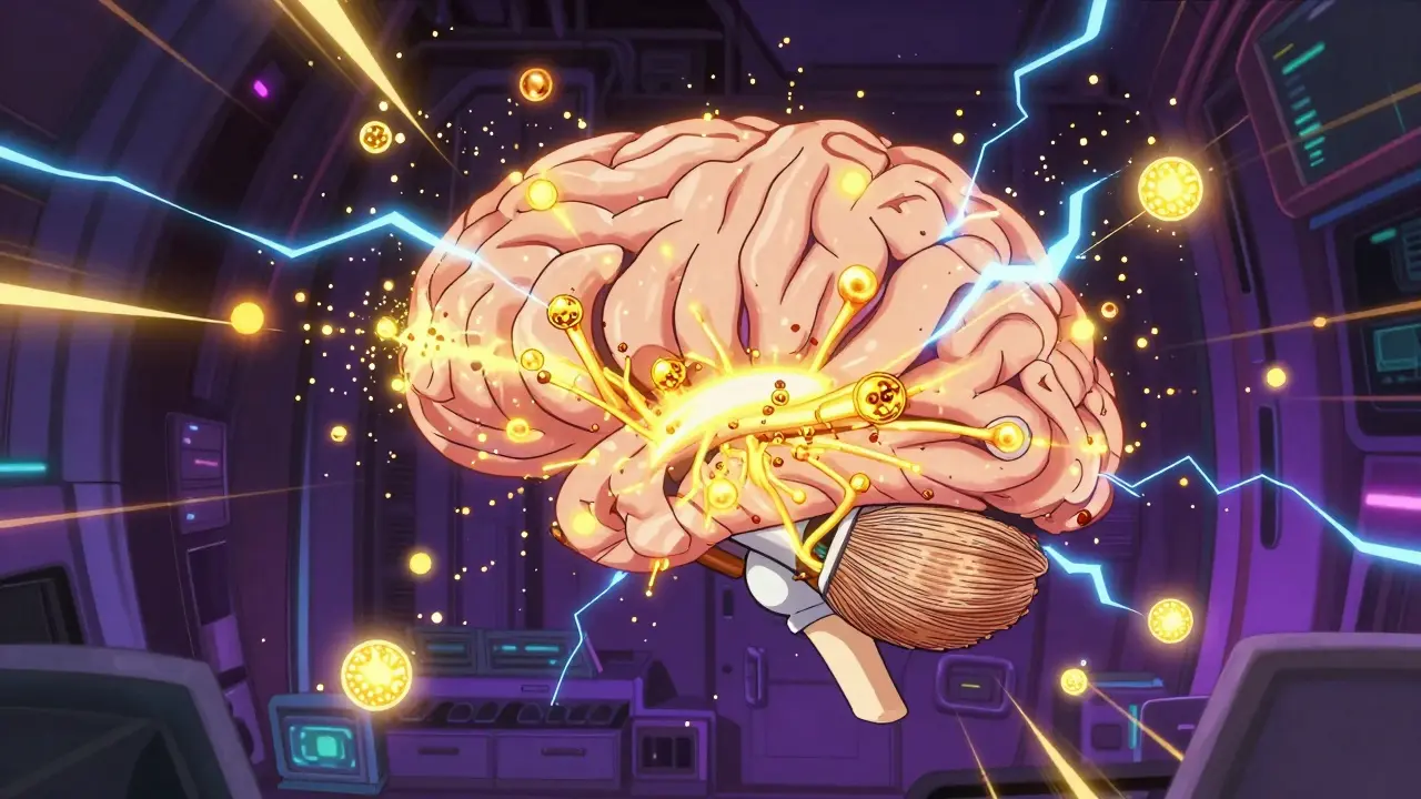 Abstract depiction of a brain with glowing golden particles and electric sparks