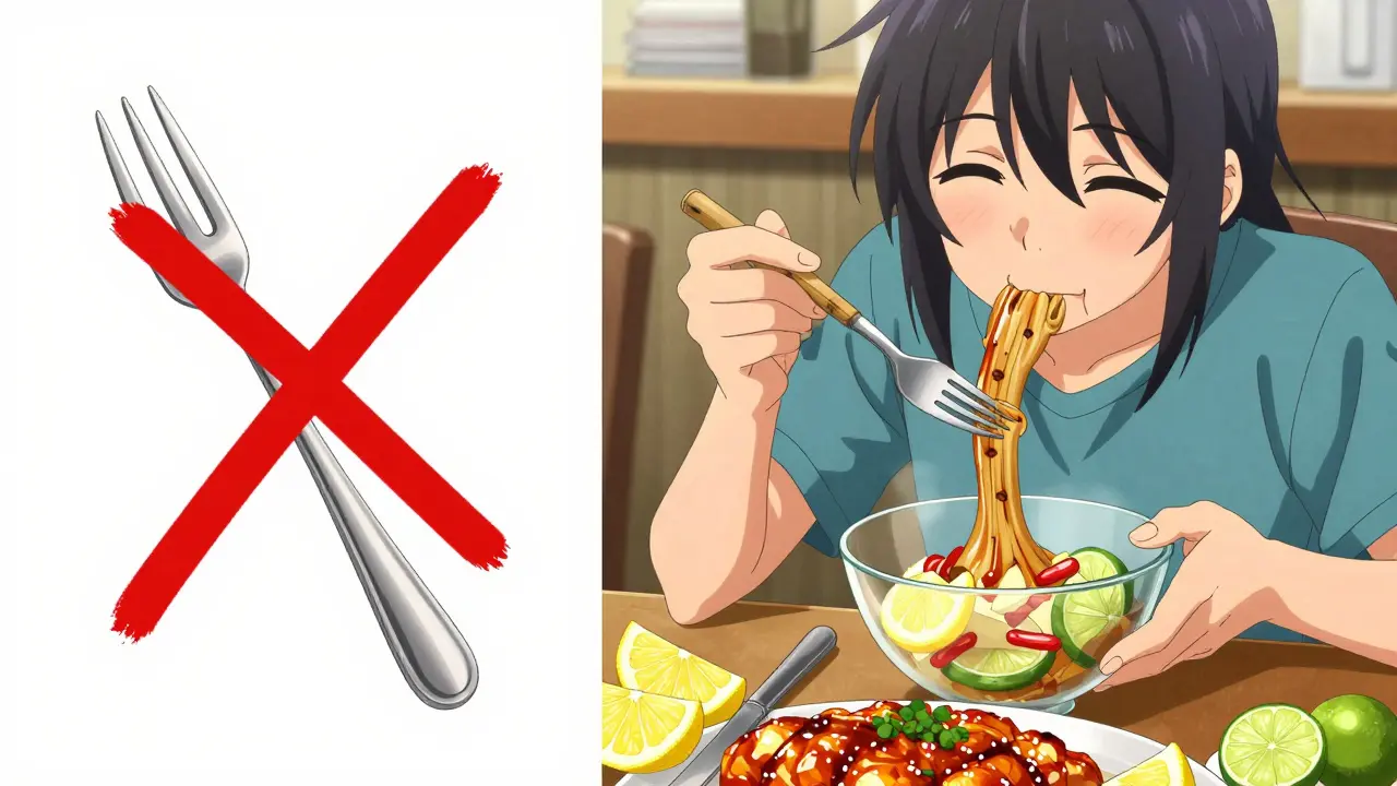 Comparison of a metal fork versus bamboo utensils with lemon and tart foods