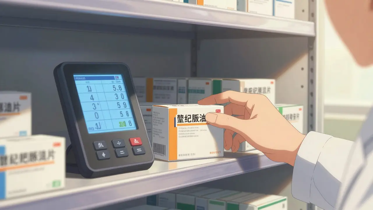 Detailed anime scene of organized medicine stock and inventory tracking in a clinic storage room.