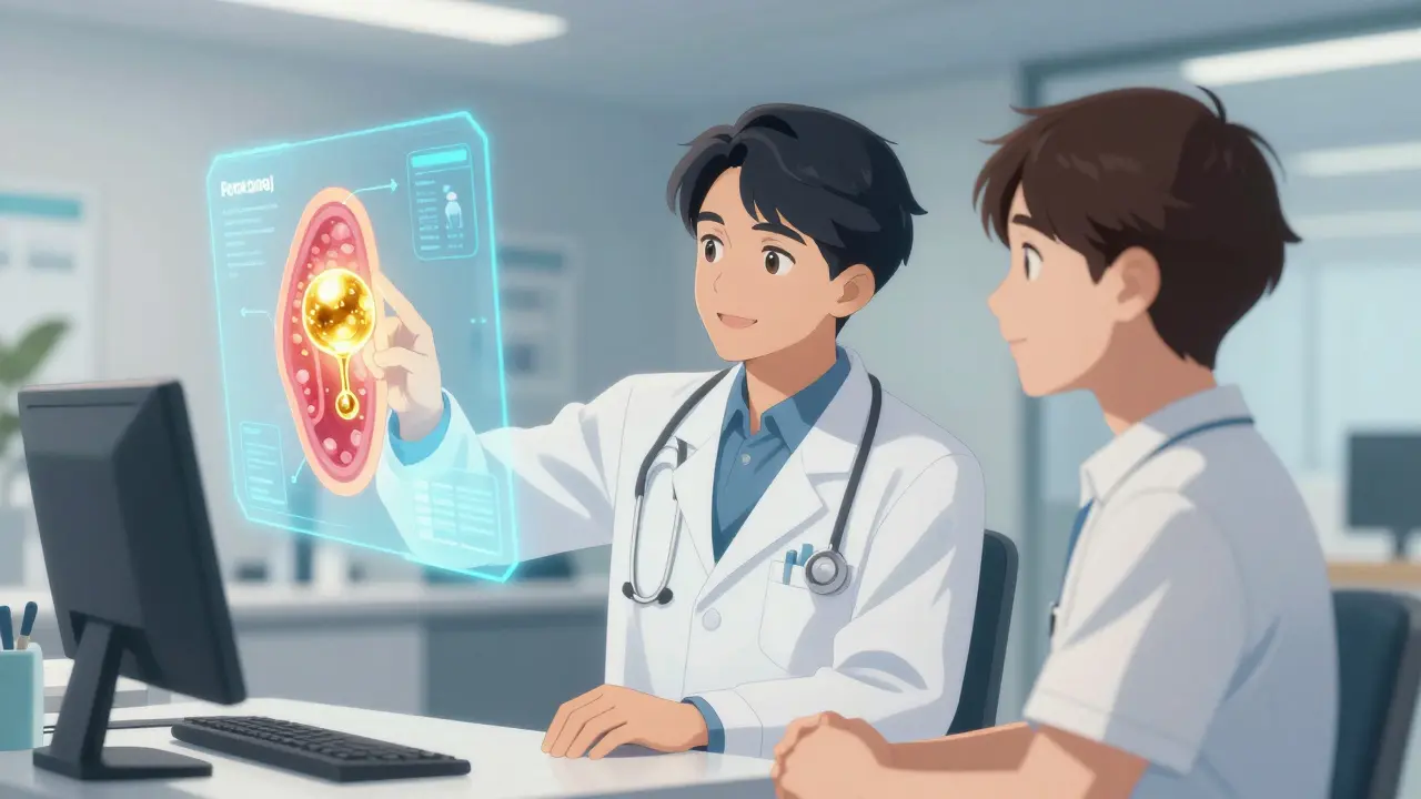 Doctor explaining zinc supplementation for taste recovery using a holographic icon