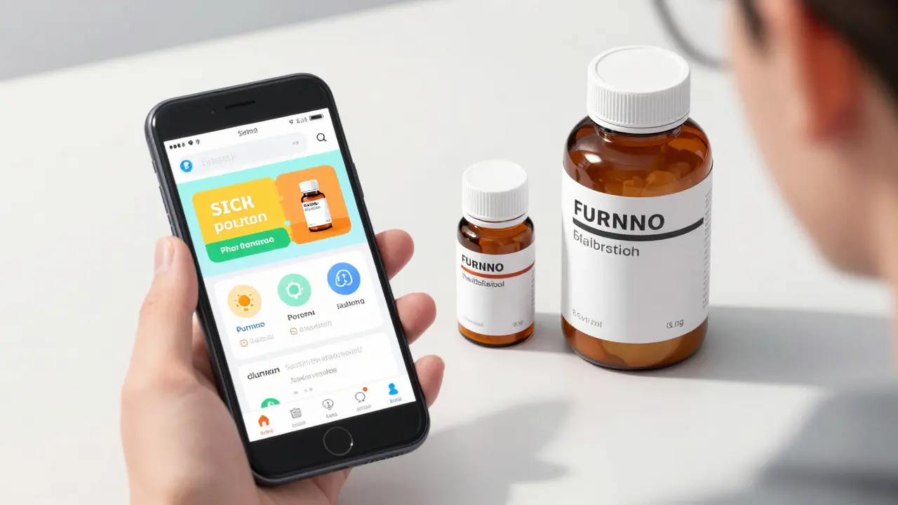 Hand holding a smartphone next to small and large medicine bottles.