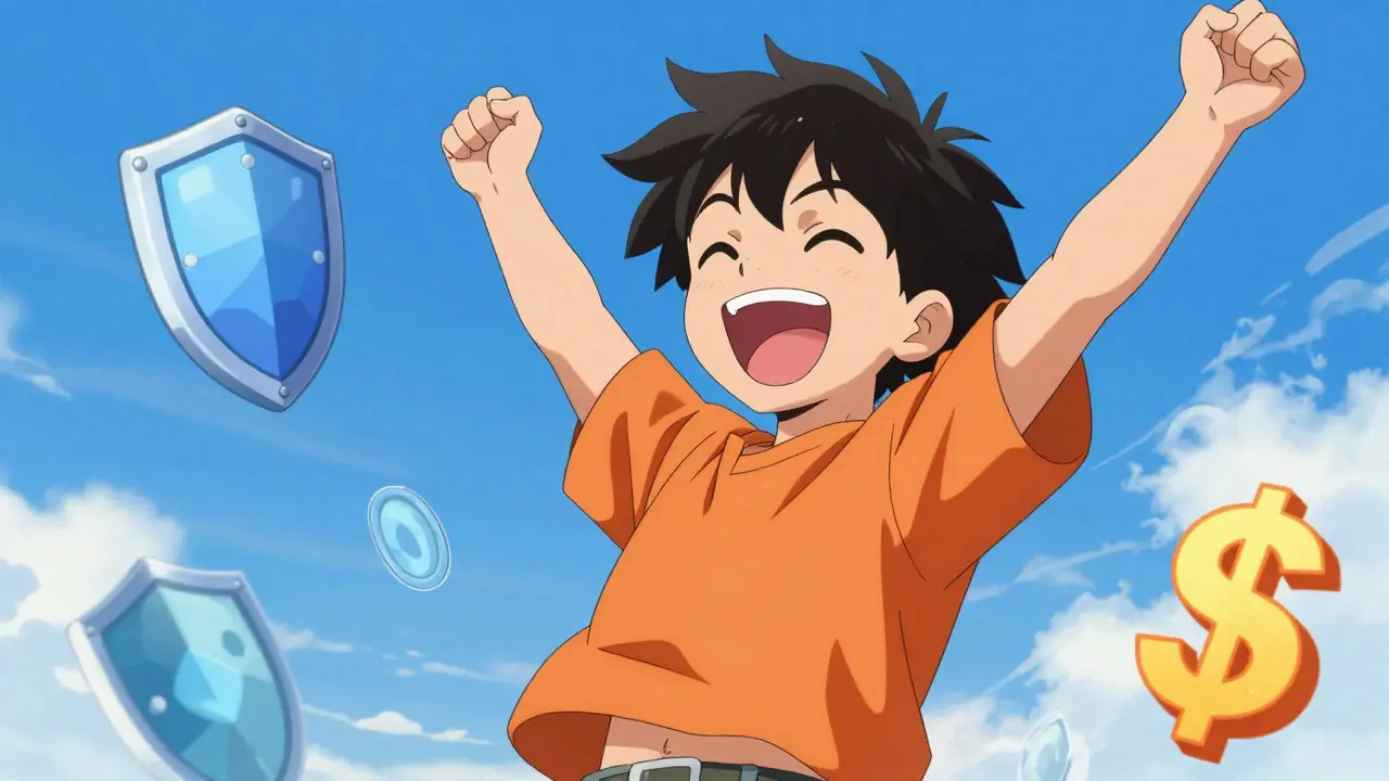 Happy anime character feeling refreshed under a clear blue sky.