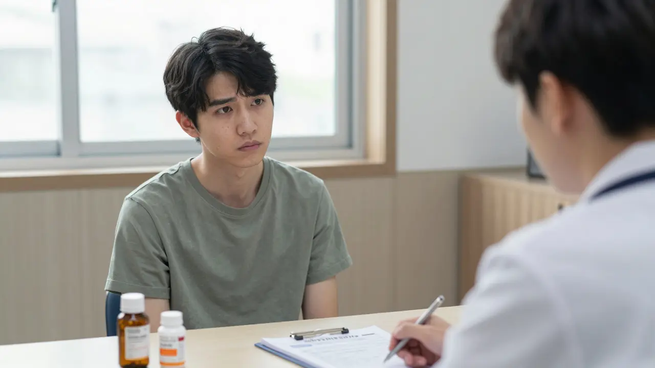 Patient talking to a doctor in an office with a supplement bottle on the table