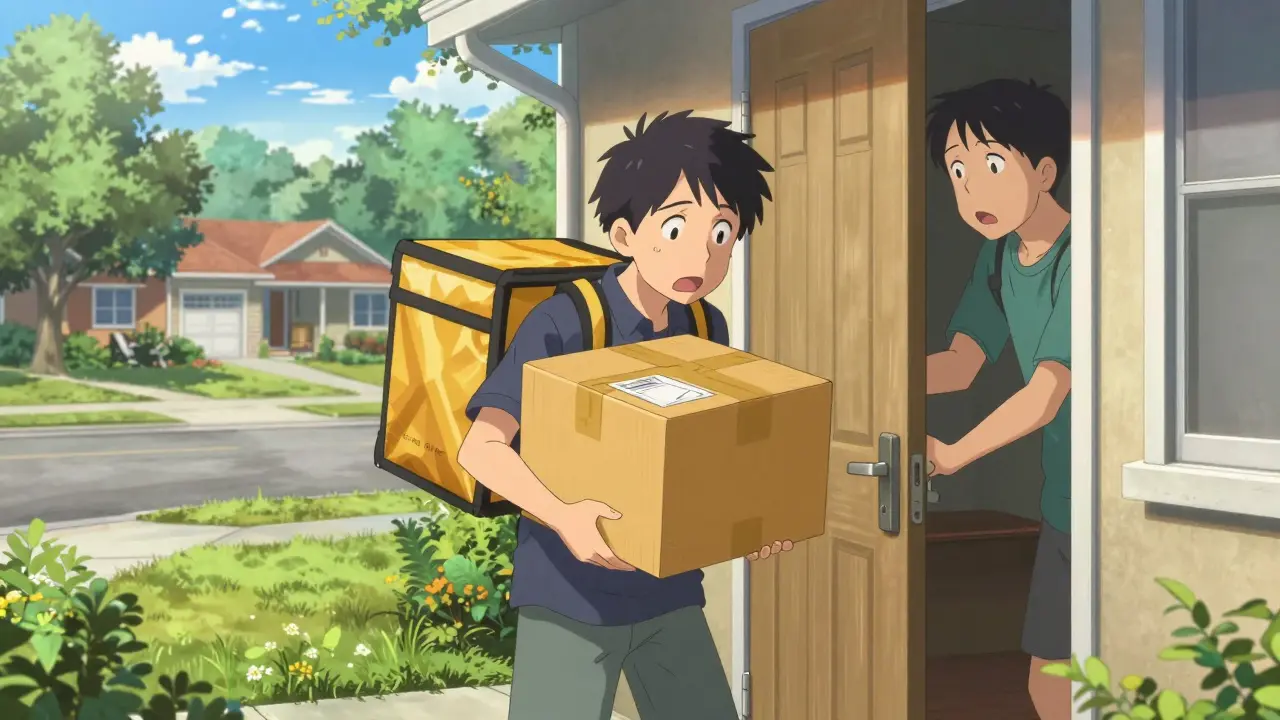 Person receiving a pharmacy delivery package at their home