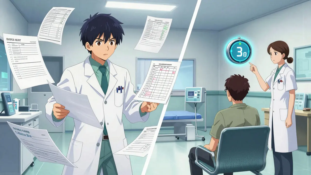 Pharmacist managing paperwork and a patient in a clinic under a three-hour observation timer.