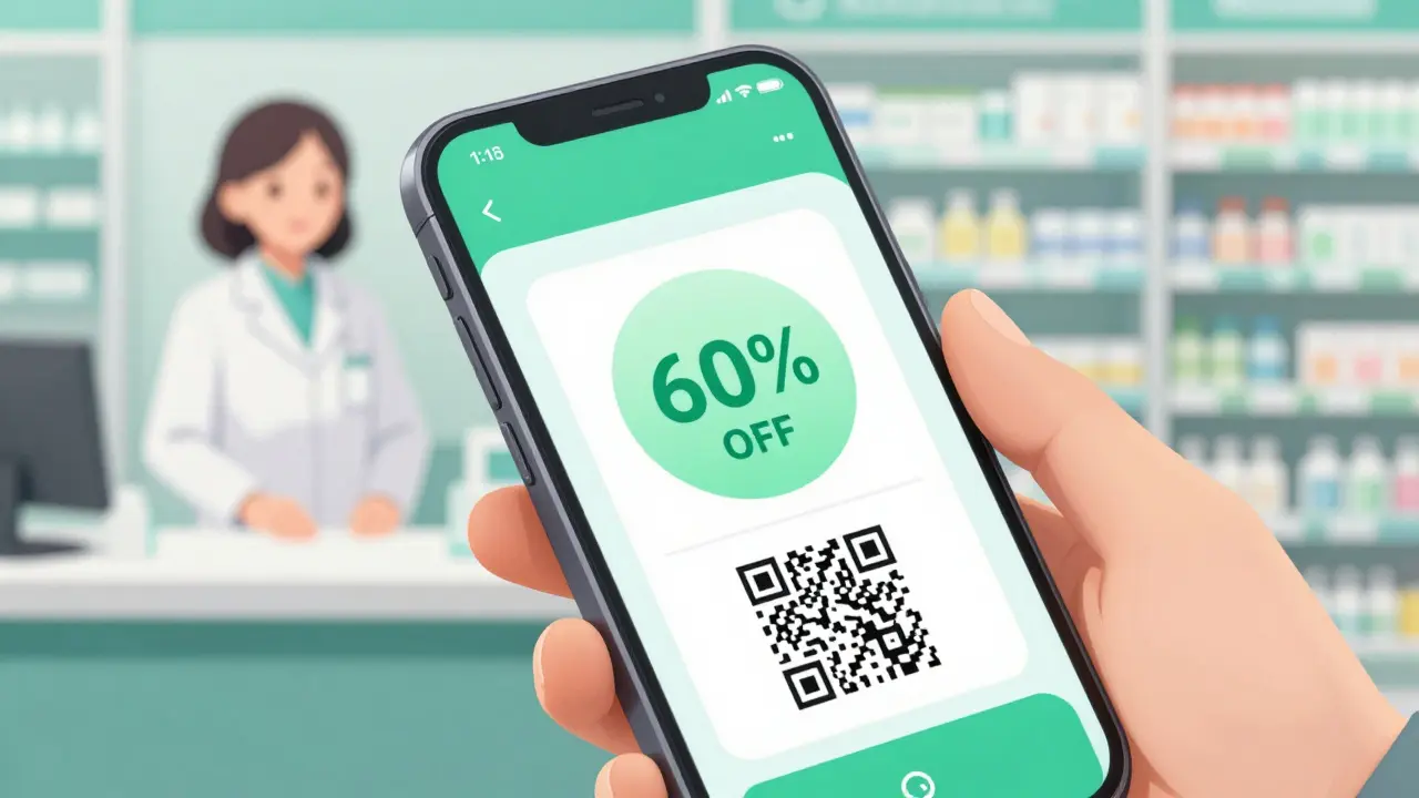 Smartphone displaying a pharmacy discount coupon in a pharmacy setting