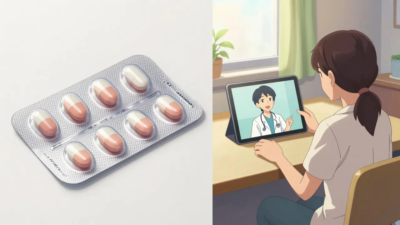 Split screen of medicine tablets and a telemedicine doctor call