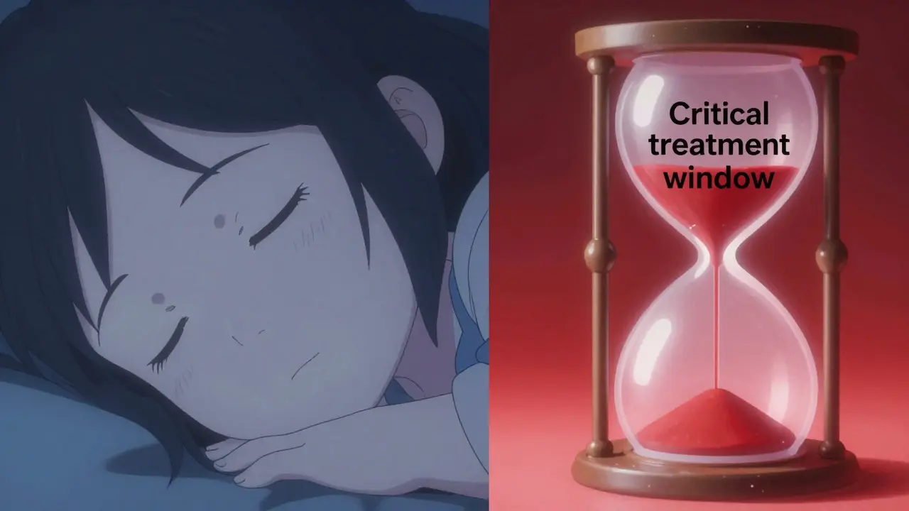 Split screen showing a sleepy child's face and a ticking hourglass symbolizing a medical window.