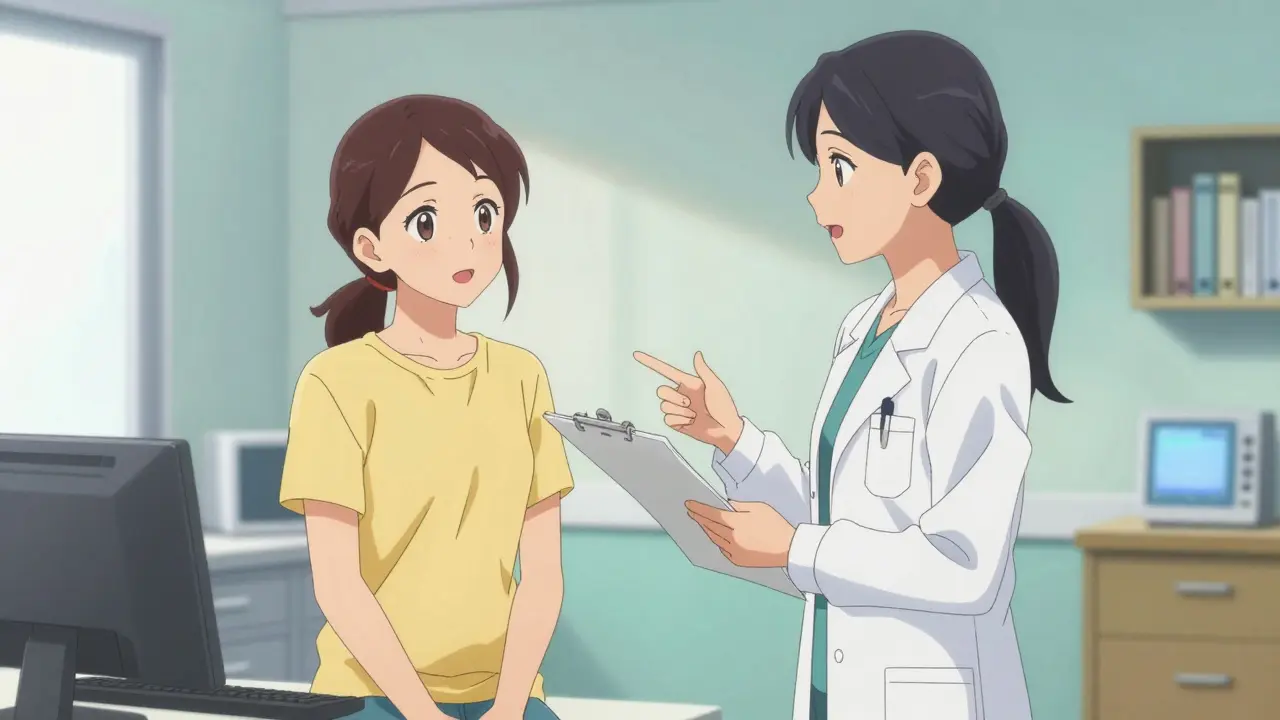 Woman discussing medication options with a doctor in a modern office