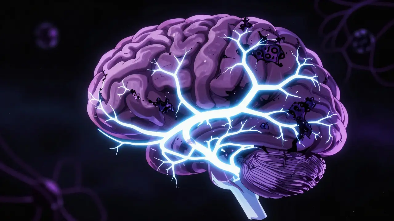 Abstract anime art of brain neurons blocked by dark plaques and tangles in space