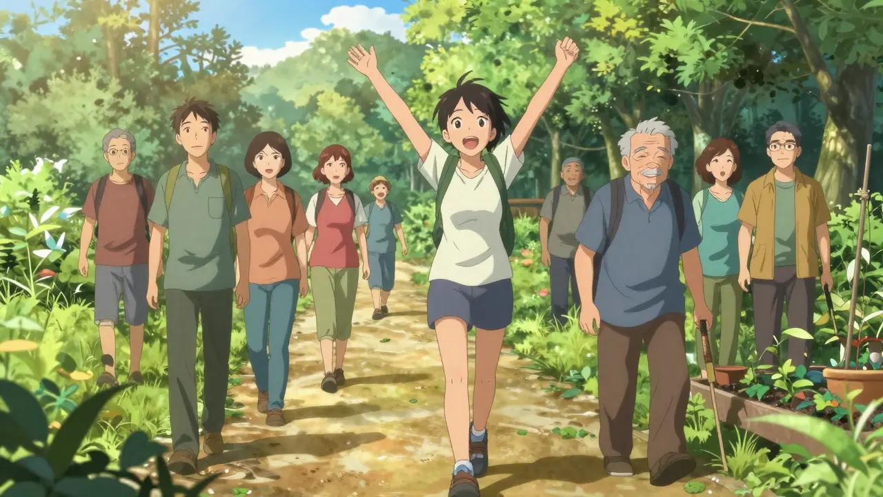 Anime characters enjoying active outdoor life after autoimmune treatment.